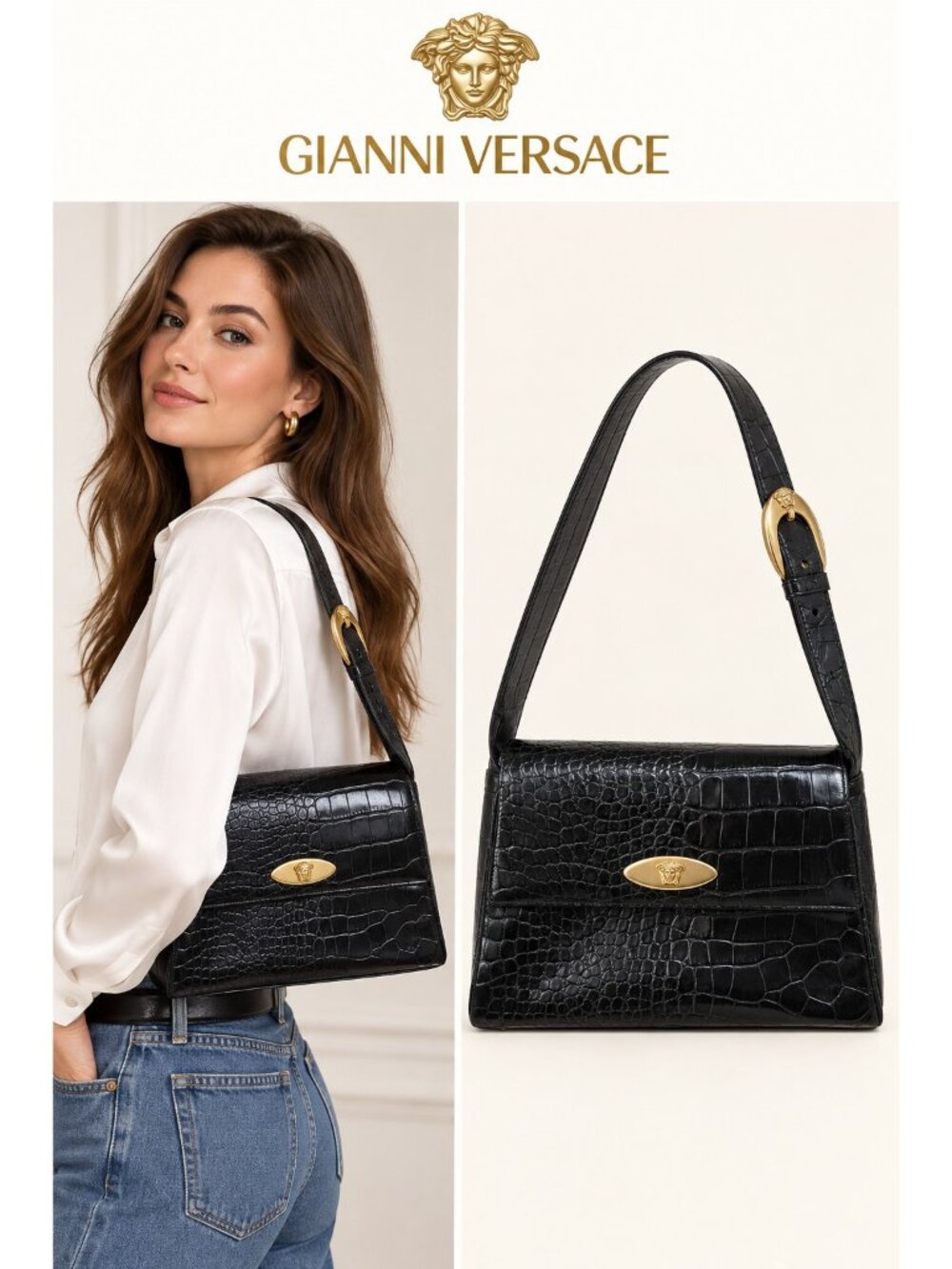 Vintage Gianni Versace Classic Black Croc Embossed Leather Medusa Shoulder Bag